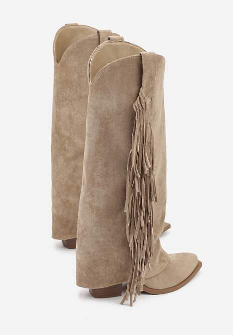 Ciemnobeżowe Kozaki Kowbojki na Stożku z Cholewką Imitującą Nogawkę z Frędzlami Monettea