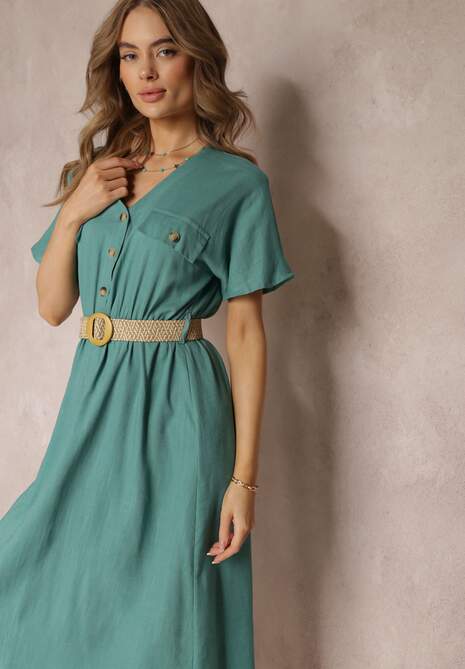 Zielona Koszulowa Sukienka Midi z Bawełny z Gumką w Talii i Plecionym Paskiem Emera