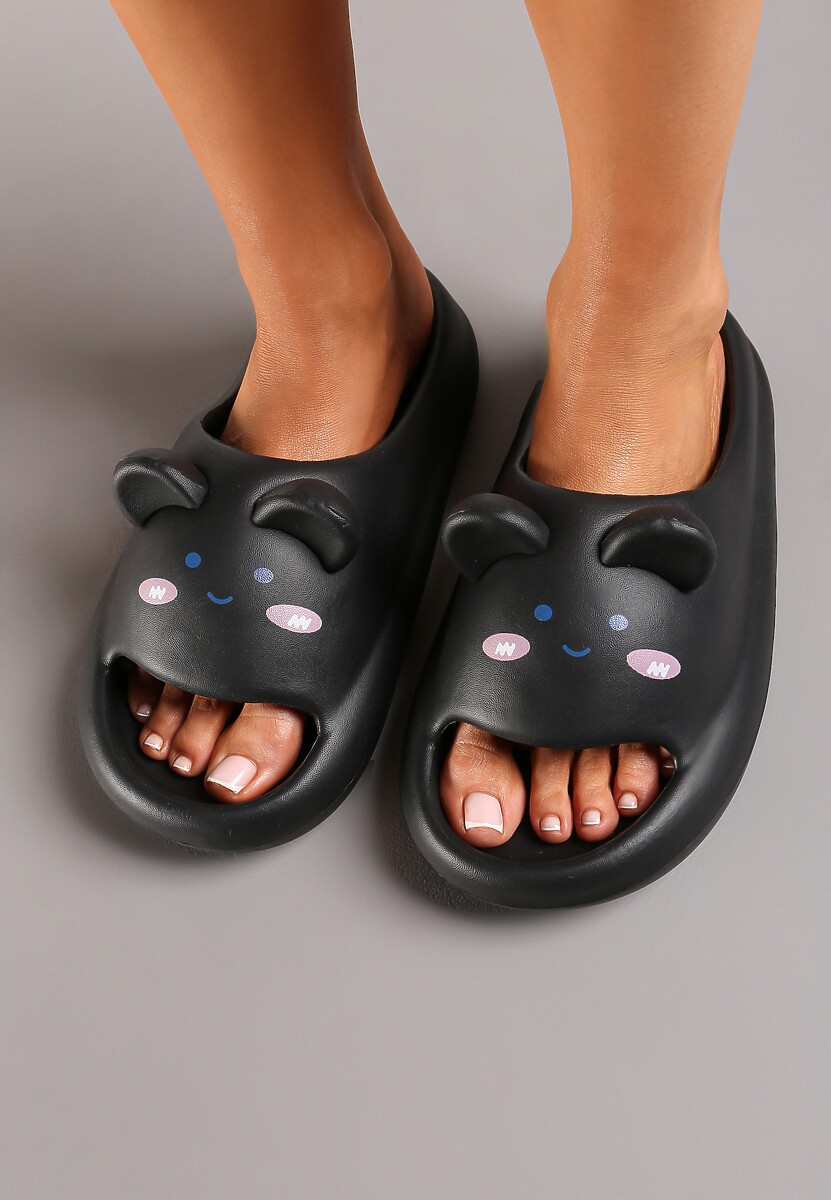 Czarne Klapki z Lekkiej Pianki z Uszkami i Uroczym Zwierzakiem Vidialla