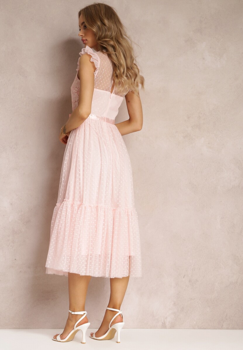 Różowa Taliowana Sukienka z Tiulową Spódnicą i Górą z Koronki Darela