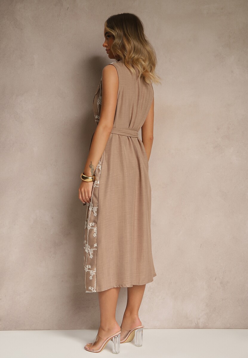 Ciemnobeżowa Sukienka Koszulowa z Wiązanym Paskiem i Haftowanym Zdobieniem Malenea