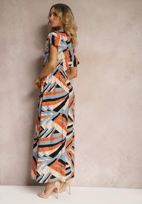 Pomarańczowa Rozkloszowana Sukienka z Wiskozy z Gumką w Talii i Abstrakcyjnym Wzorem  Pairella