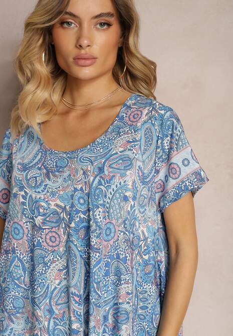 Niebieska Sukienka Boho z Wiskozy z Cienkim Paskiem w Talii Rivasea