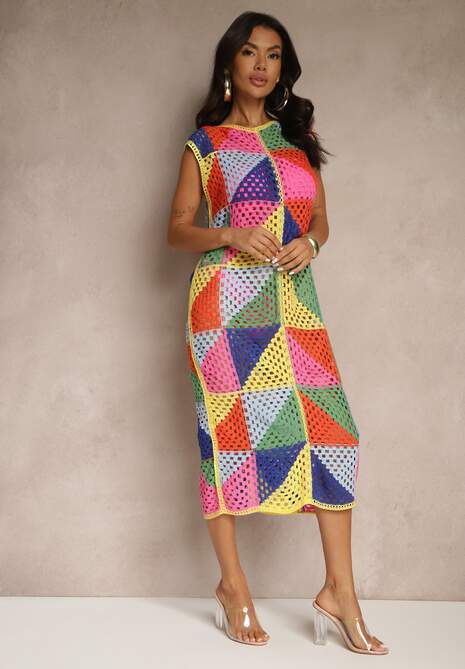 Różowo-Żółta Pudełkowa Ażurowa Sukienka z Bawełny w Geometryczny Wzór Tilianela