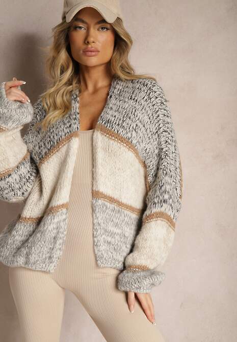 Beżowy Kardigan Niezapinany z Wełną Ozdobiony Paskami Irinaa