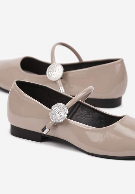 Beżowe Balerinki Lakierowane Mary Jane na Płaskiej Podeszwie ze Skórzaną Wkładką Vaimirae