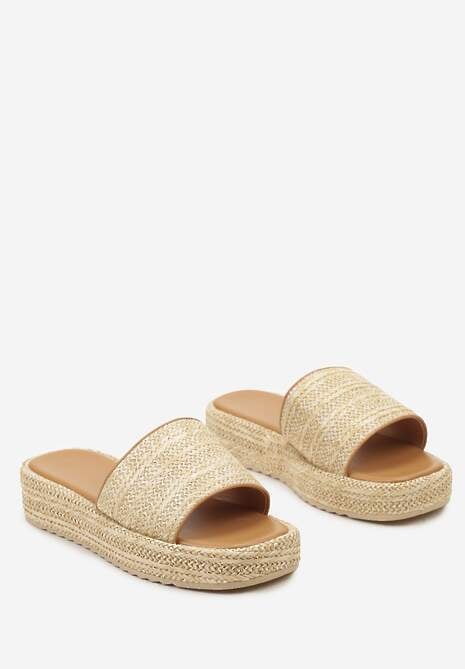 Beżowe Boho Klapki z Ozdobnej Plecionki z Rafii na Niskiej Platformie Cerams