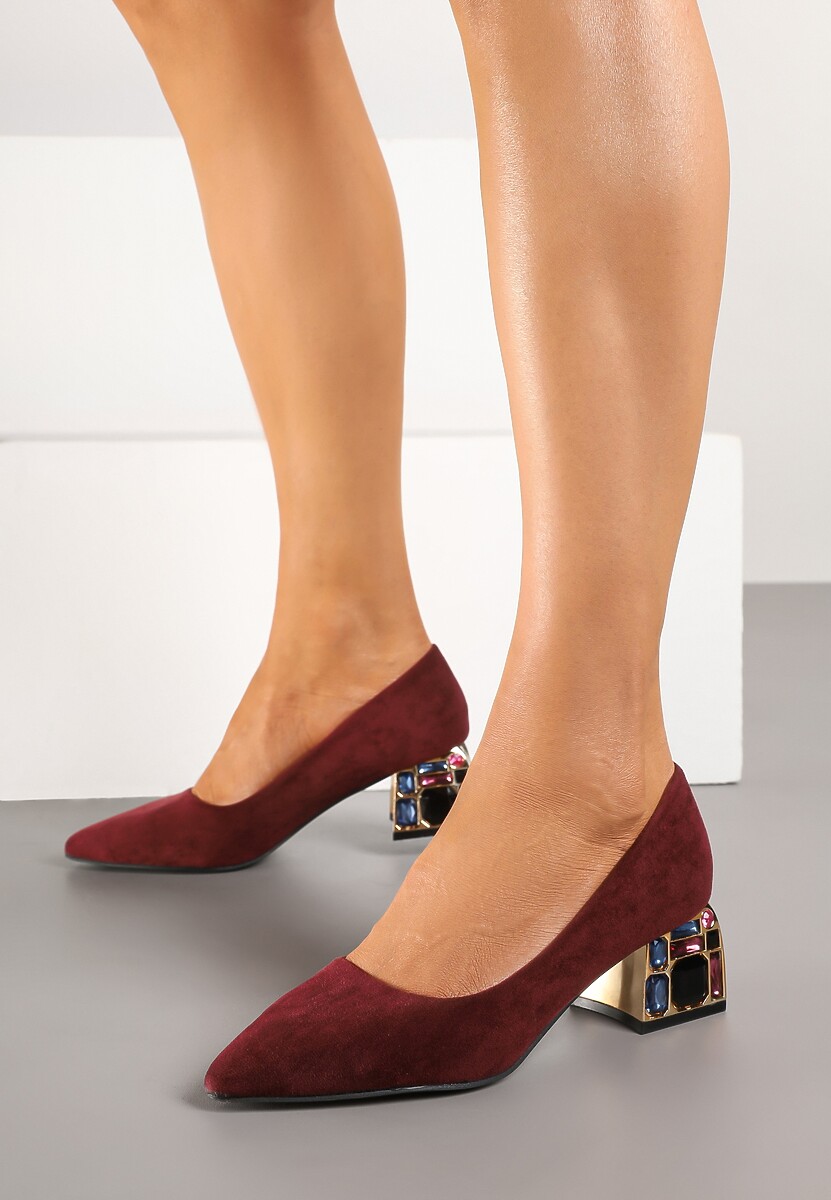 Bordowe Czółenka na Słupku Ozdobionym Cyrkoniami z Wkładką ze Skóry Clesina