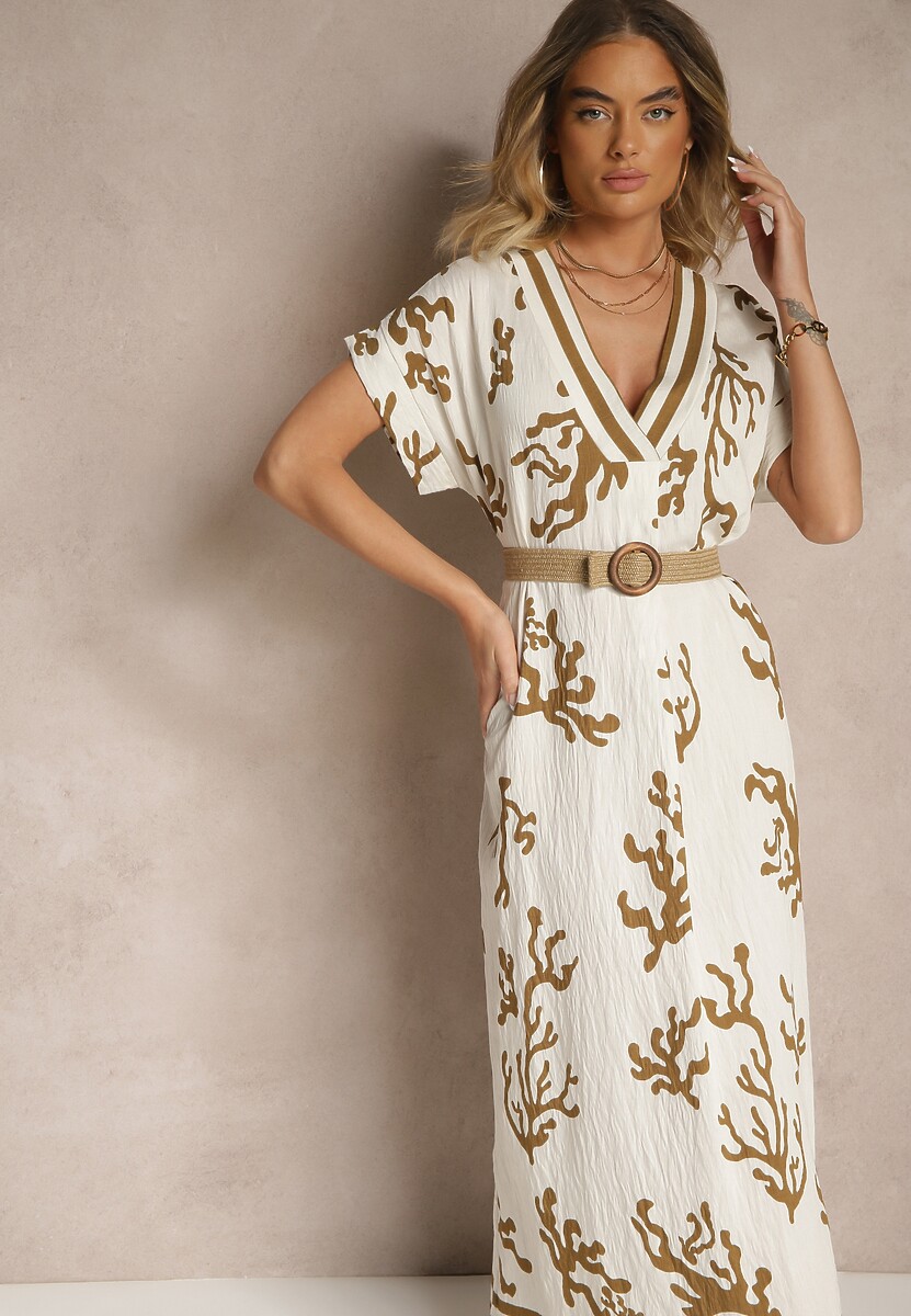 Brązowo-Beżowa Pudełkowa Sukienka z Wiskozą i Lnem Sadeone