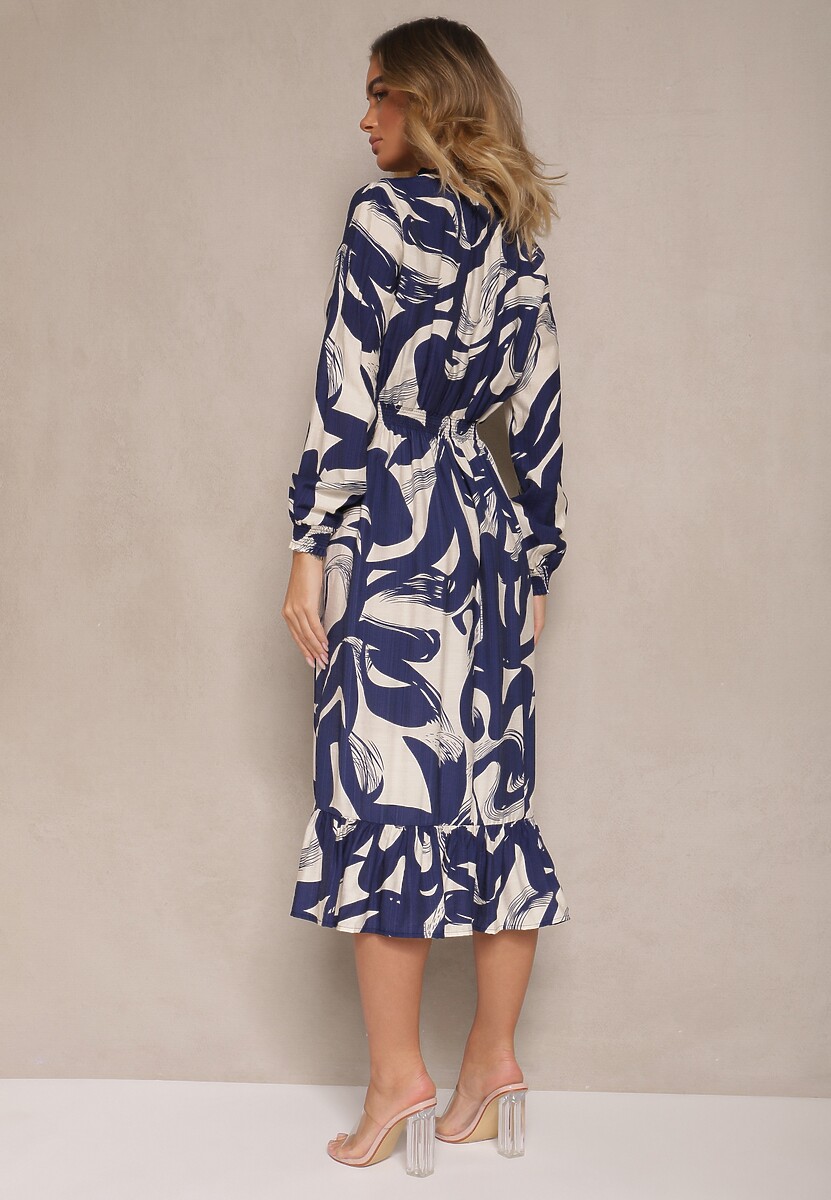 Granatowa Sukienka z Bawełną i Abstrakcyjnym Wzorem Tersedi
