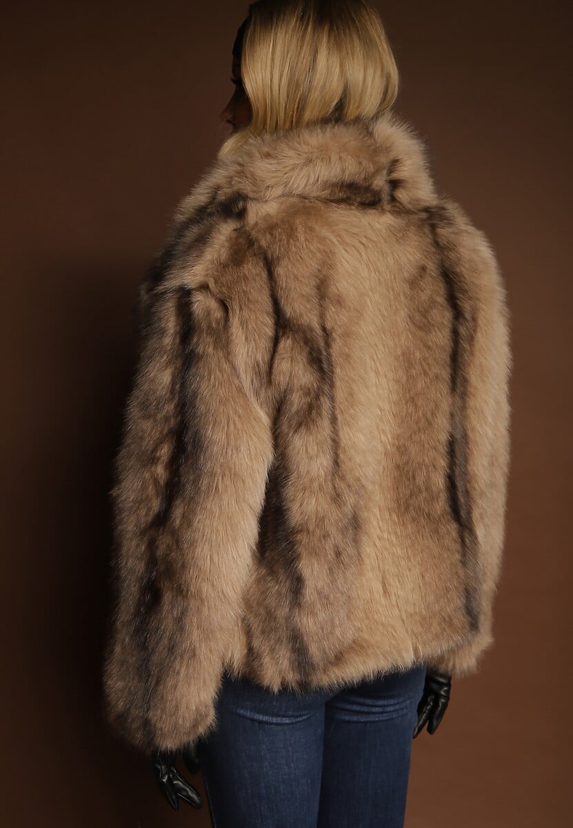 Beżowa Kurtka Futerko z Ozdobnym Kołnierzem Fitene