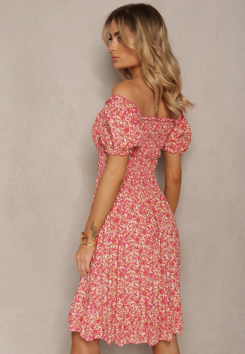 Fuksjowa Rozkloszowana Sukienka Bawełniana w Kwiaty z Hiszpańskim Dekoltem Xallona