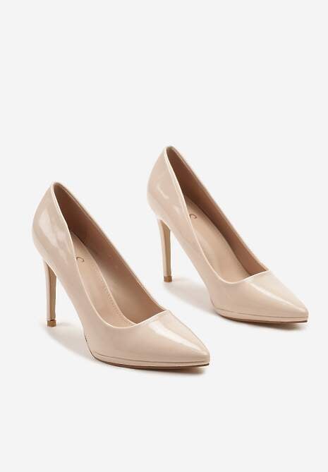 Beżowe Wysokie Szpilki z Lakierowanej Imitacji Skóry Banesi