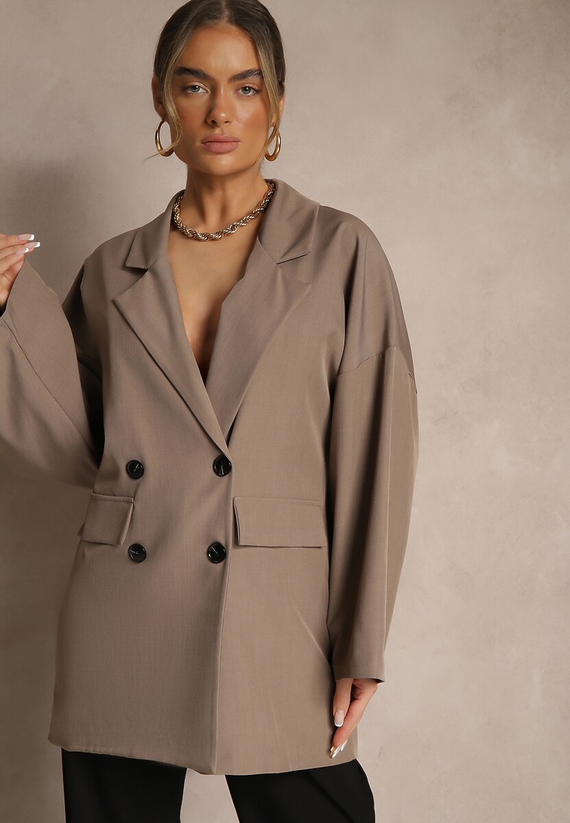 Ciemnobeżowa Oversizowa Marynarka z Klapami i Dwurzędowym Zapięciem Sinthelis