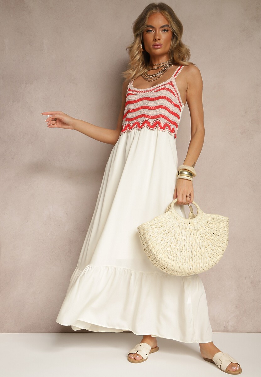 Beżowa Wiskozowa Sukienka z Haftami na Ramiączkach o Rozkloszowanym Kroju Efralisse