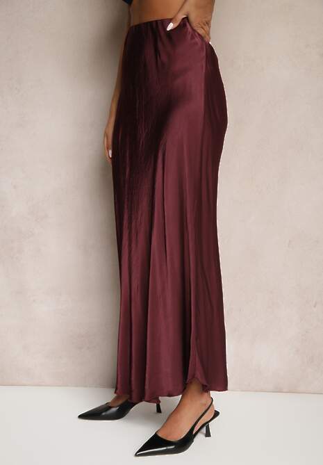 Bordowa Rozkloszowana Spódnica Satynowa z Wiskozy Rihaniel