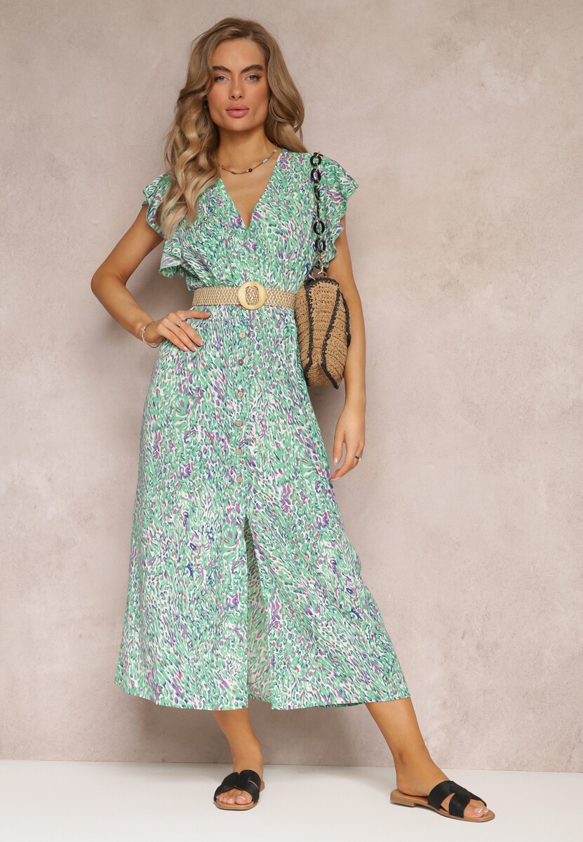 Zielona Sukienka Maxi z Błyszczącą Nitką i Gumką w Talii Phike