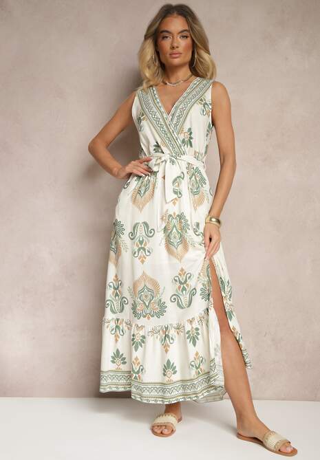 Zielona Kopertowa Sukienka z Wiskozy Ozdobiona Paskiem Eralitia