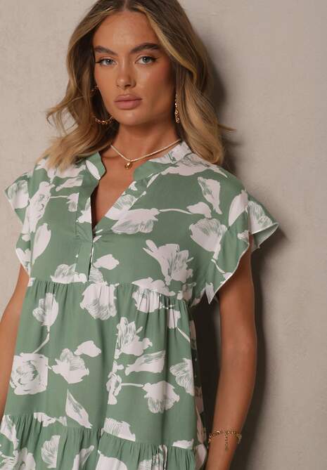 Zielona Sukienka z Bawełny Ozdobiona Kwiatami Liranea