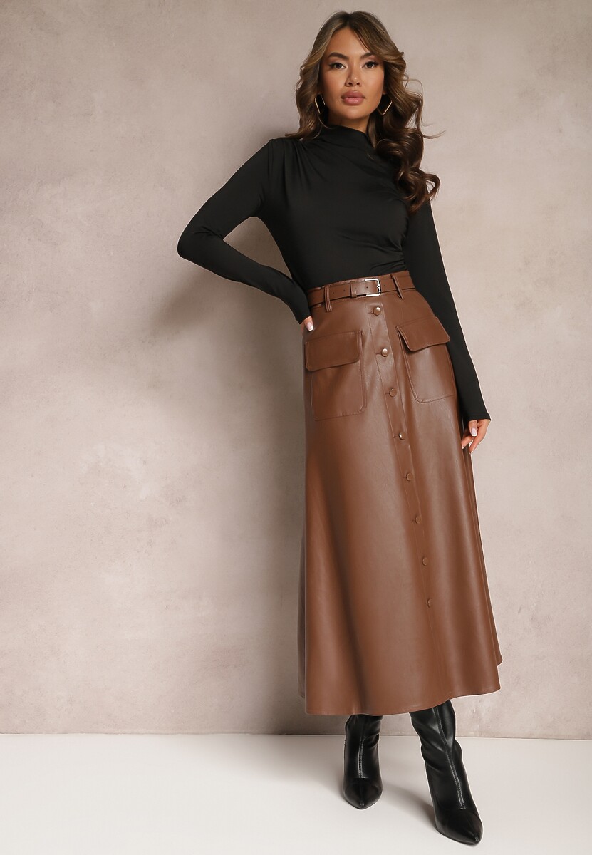 Czarna Rozkloszowana Spódnica Midi z Imitacji Skóry z Kieszeniami z Klapą i Guzikami Maronna