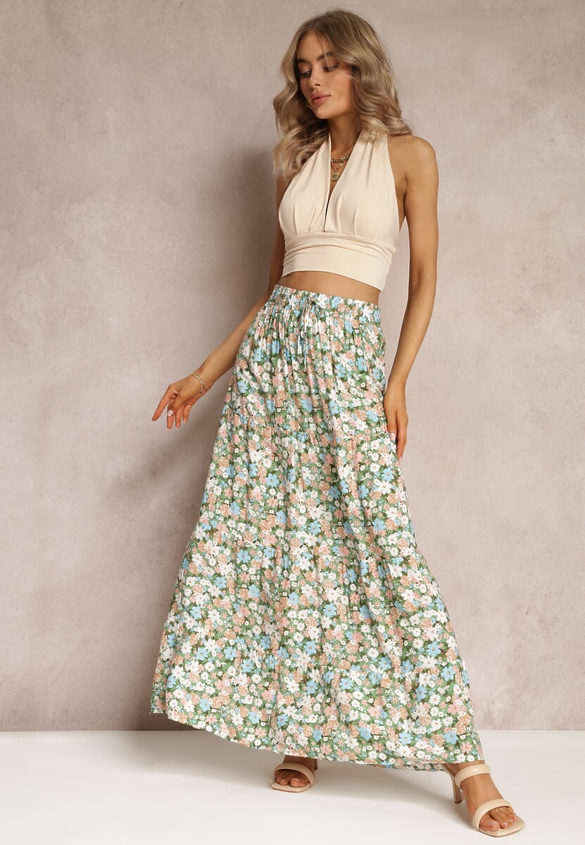 Czarno-Różowa Bawełniana Spódnica Maxi z Troczkiem i Printem w Kwiaty Yibji