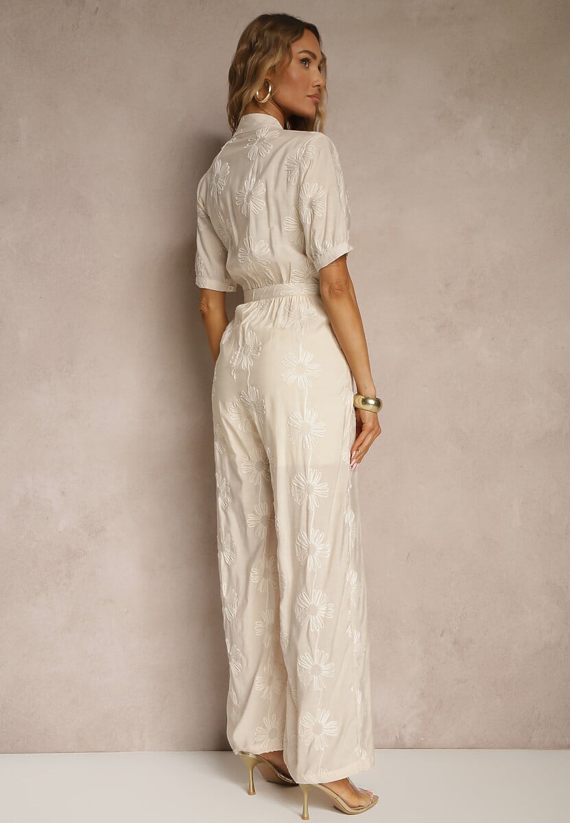 Beżowy Koszulowy Kombinezon z Wiskozy z Krótkim Rękawem i Wsuwanymi Kieszeniami Miliane