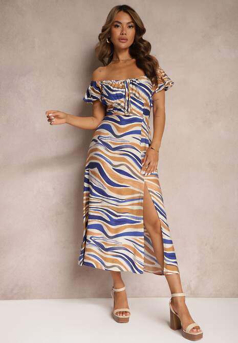 Niebieska Sukienka z Bawełną i Wiskozą Ściągana przy Dekolcie Dimittha