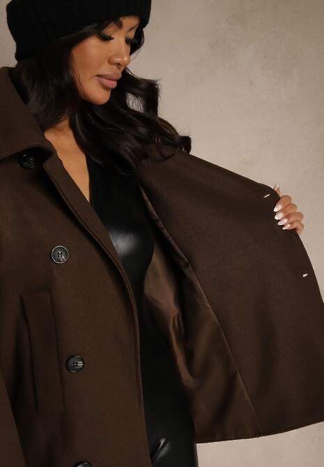 Brązowy Pudełkowy Krótki Płaszcz z Wiskozą z Wiązanym Paskiem i Kołnierzykiem Tusainea