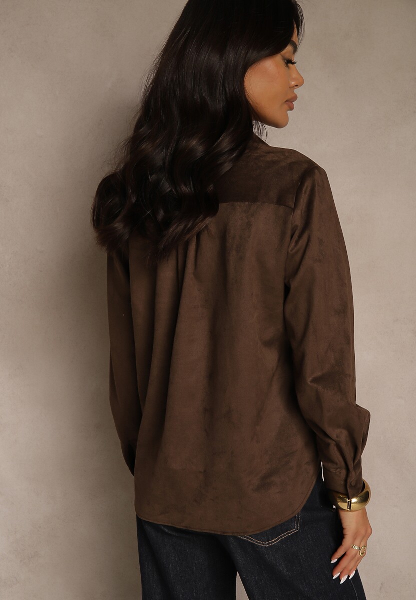 Brązowa Koszula z Imitacji Zamszu z Klapami Retilda