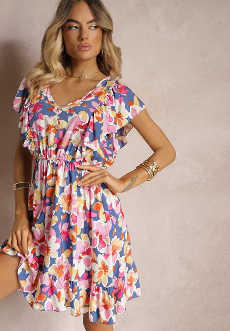 Niebiesko-Różowa Taliowana Bawełniana Sukienka w Kwiaty z Falbanami przy Ramionach z Gumką w Talii Nelova