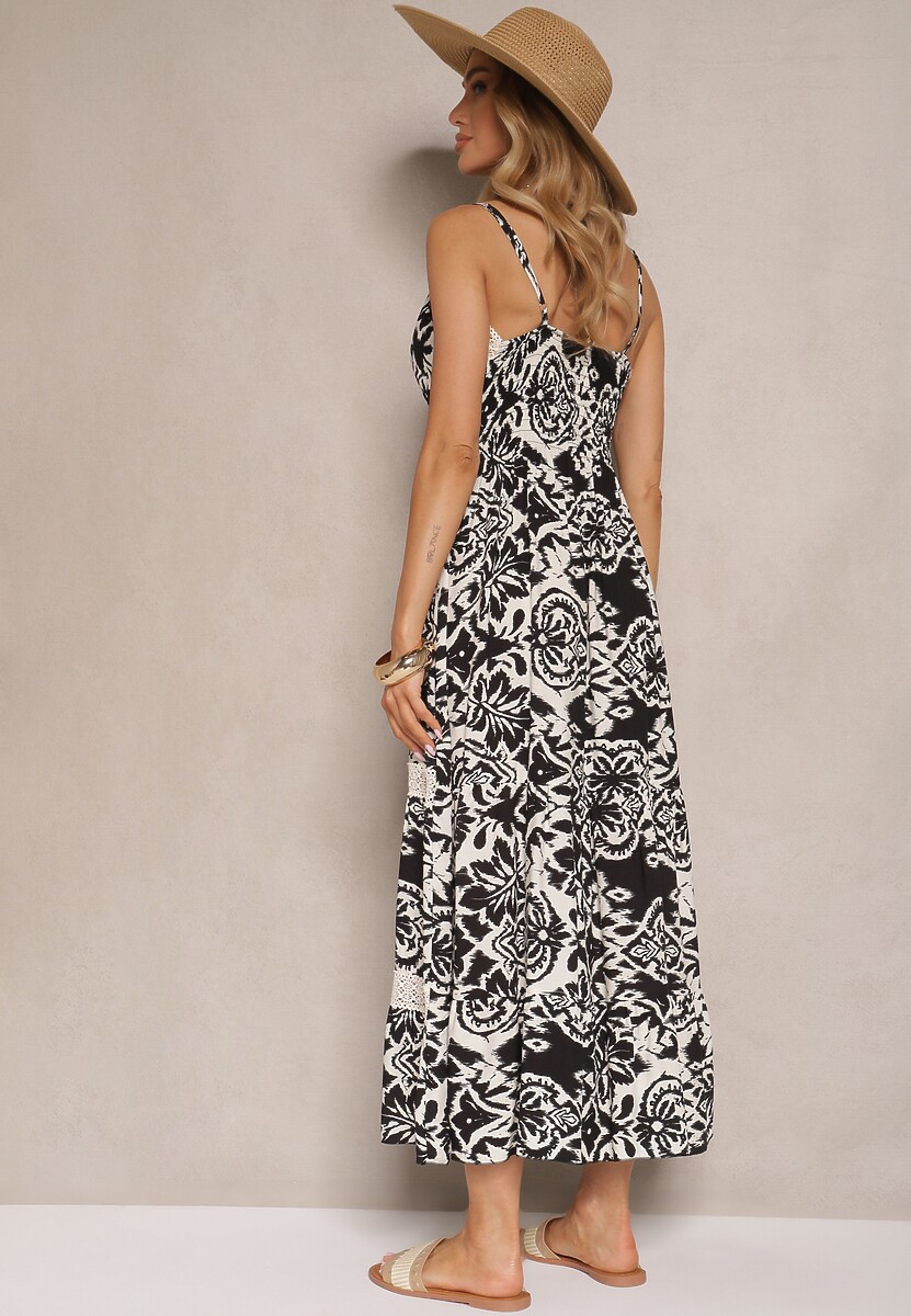 Czarna Sukienka z Bawełny o Rozkloszowanym Kroju w Etniczny Print Taliraya