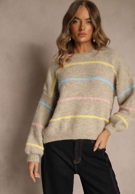 Beżowy Sweter o Nietoperzowym Fasonie z Dodatkiem Wełny w Paseczki Ralinatia