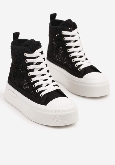 Czarne Trampki na Platformie z Wysoką Ażurową Cholewką Velgisia