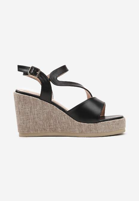 Czarne Sandały z Ekoskóry na Koturnie Zapinane na Sprzączkę Moanis