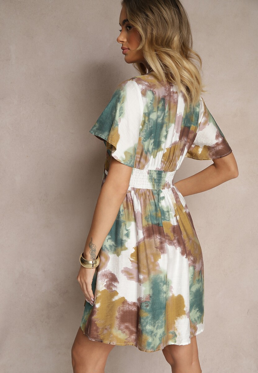 Zielona Kopertowa Sukienka z Wiskozą i Abstrakcyjnym Wzorem Feledia