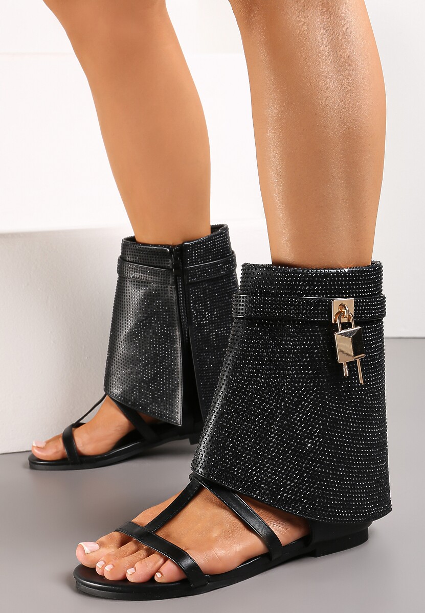 Czarne Sandały z Modnie Wywiniętą Cholewką z Cyrkoniami Intirra