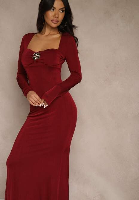 Bordowa Taliowana Sukienka Koktajlowa Lonsgleeve z Elegancką Aplikacją Idirena