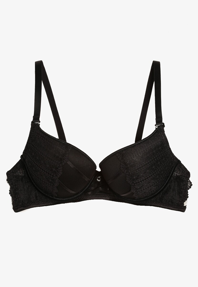 Czarny Biustonosz o Fasonie Push Up Ozdobiony Koronką i Cyrkoniami Topazia