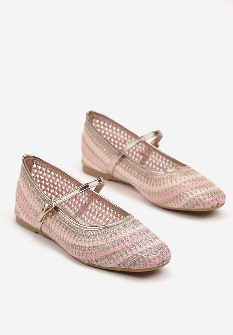 Różowo-Złote Balerinki Mary Jane Ozdobione Metaliczną Nicią Ilimalla