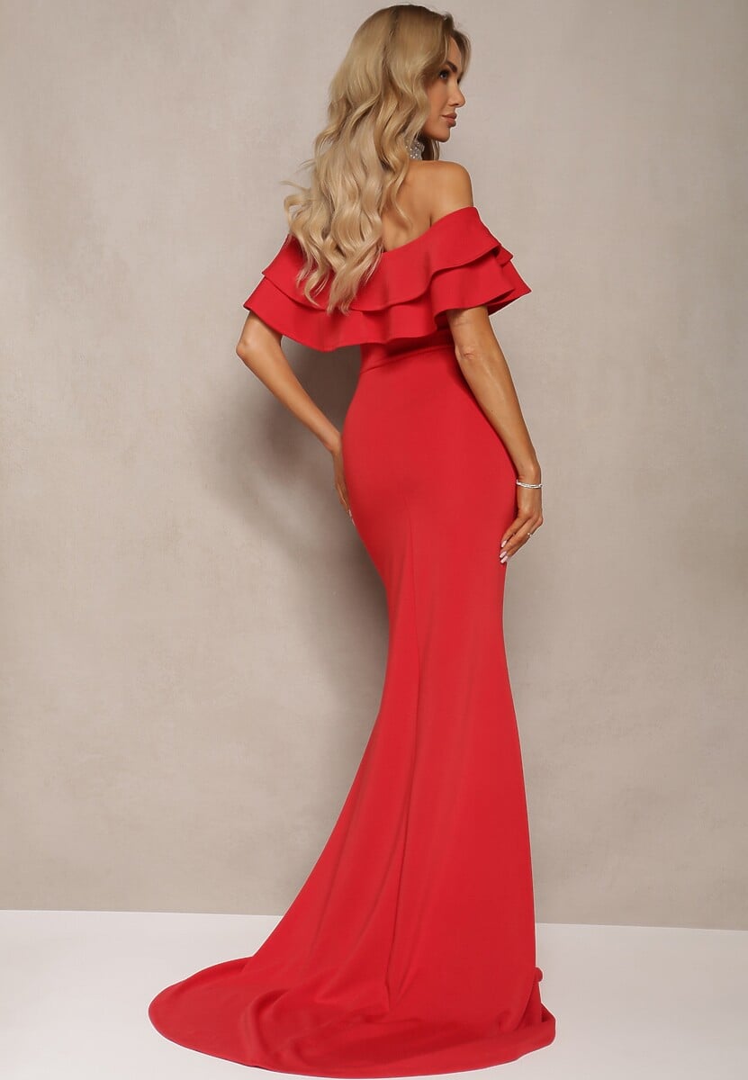 Czerwona Sukienka Wieczorowa o Fasonie Hiszpanki z Rozcięciami i Rozkloszowanym Dołem Ulcini