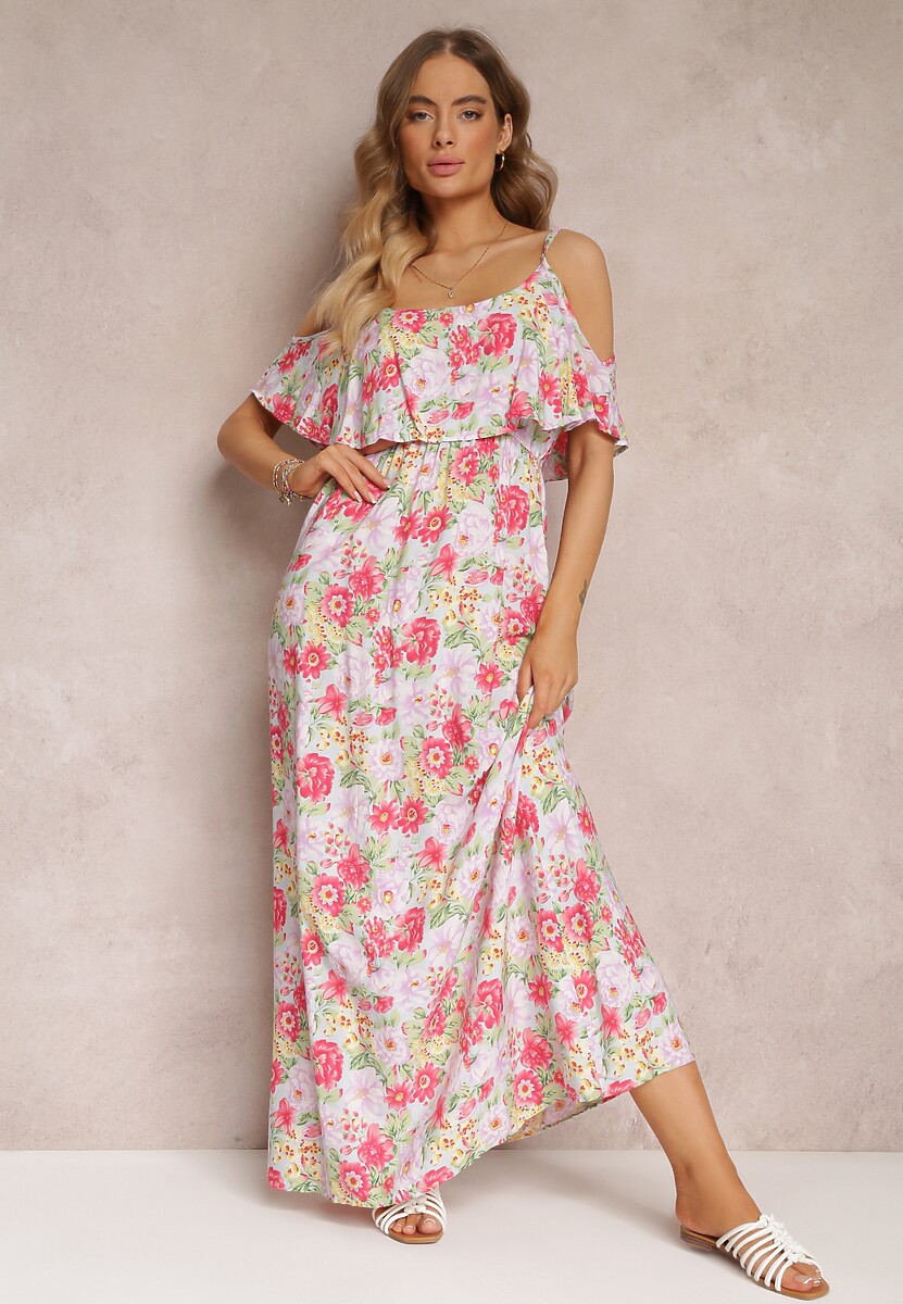 Fioletowo-Żółta Sukienka Maxi Bawełniana w Kwiaty z Falbanką Saranna