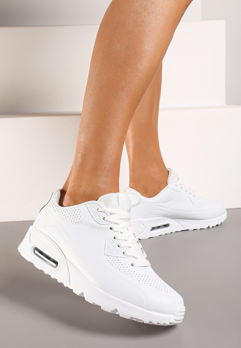 Białe Casualowe Sneakersy na Płaskiej Podeszwie Ozdobione Perforacją i Transparentną Wstawką Dunelia