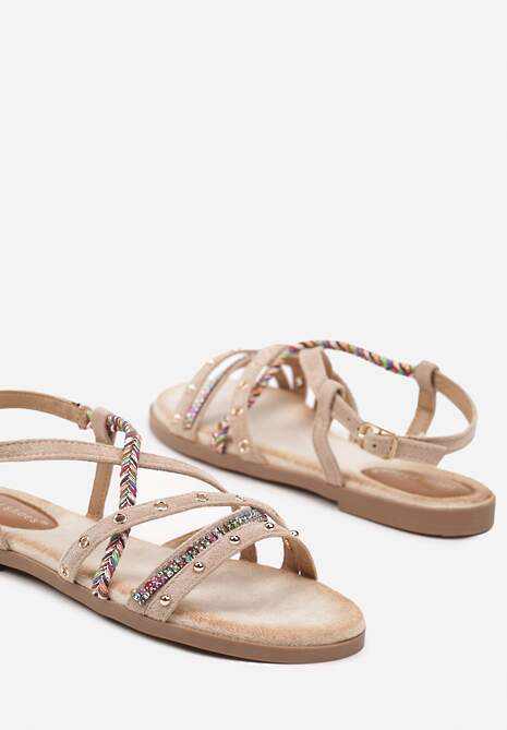 Beżowe Sandały Ozdobione Nitami i Biżuteryjnymi Cyrkoniami Nanolea