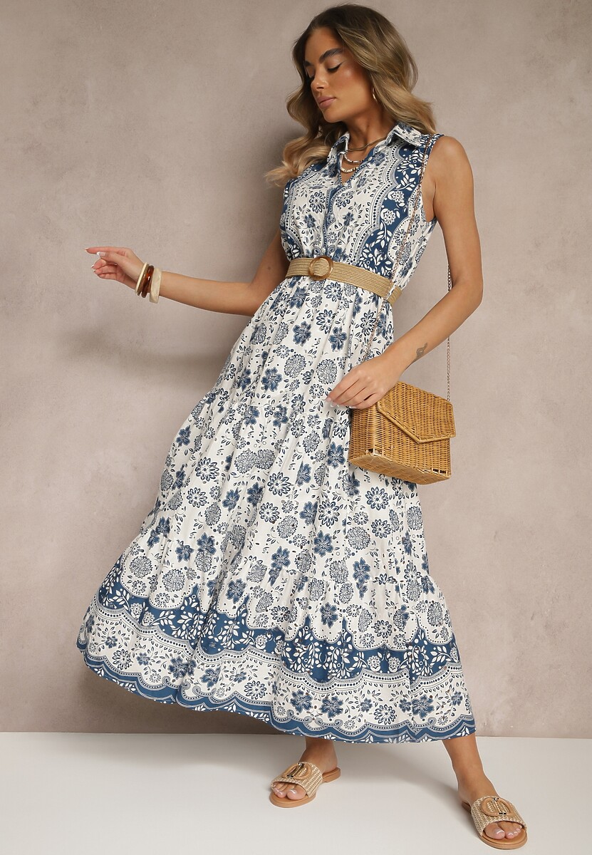 Niebieska Koszulowa Sukienka Bez Rękawów z Bawełny z Paskiem z Klamrą Mirasitia