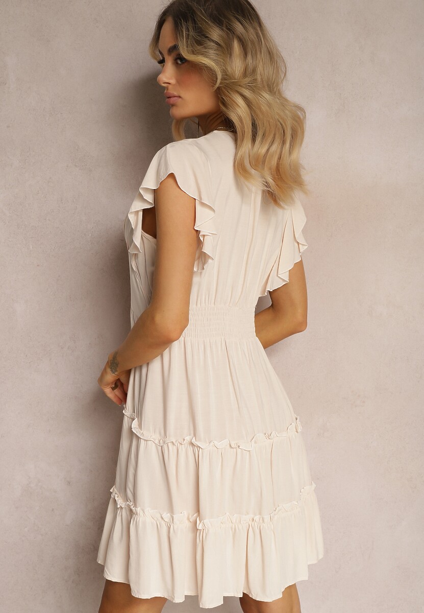 Beżowa Taliowana Sukienka Mini Ozdobiona Falbankami Salleni