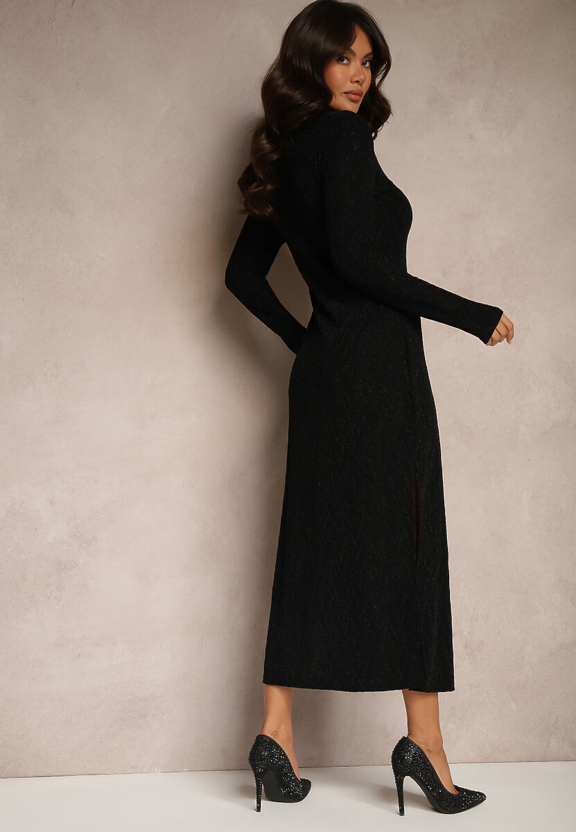 Czarna Koktajlowa Sukienka z Wiskozą o Dopasowanym Kroju z Wycięciami po Bokach Iliena