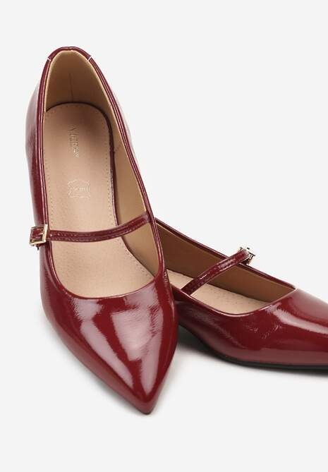 Bordowe Balerinki Lakierowane Vices z Wkładką ze Skóry Naturalnej Ozdobione Paskiem Tikkie