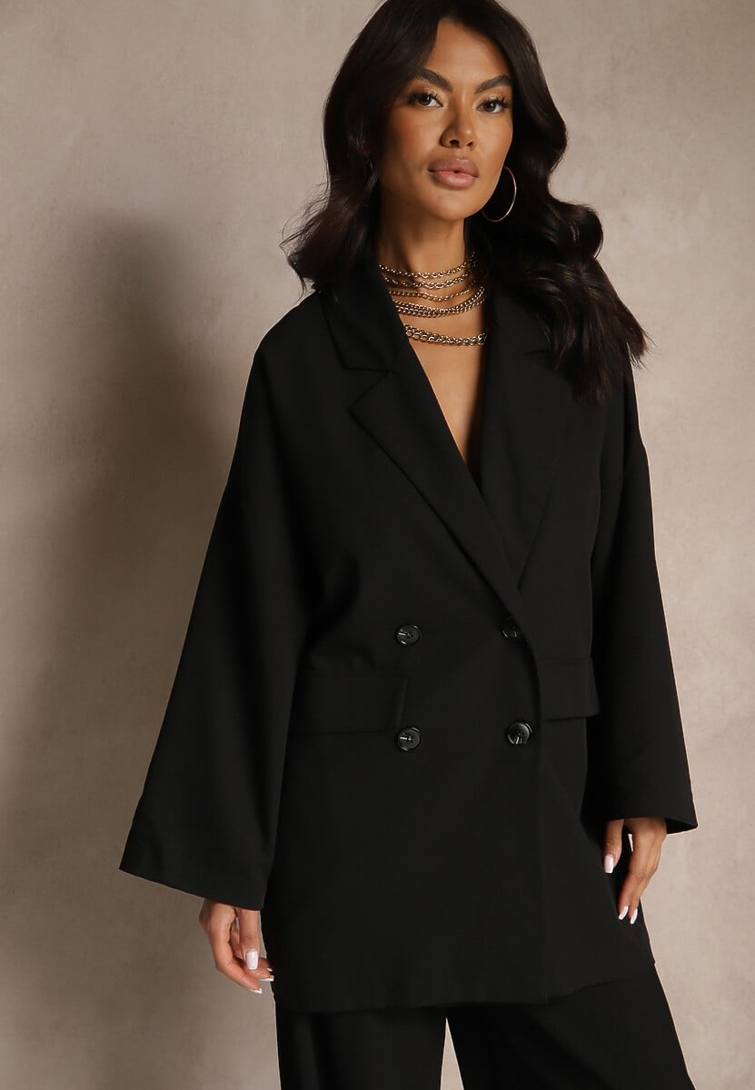 Czarna Oversizowa Marynarka z Klapami i Dwurzędowym Zapięciem Sinthelis