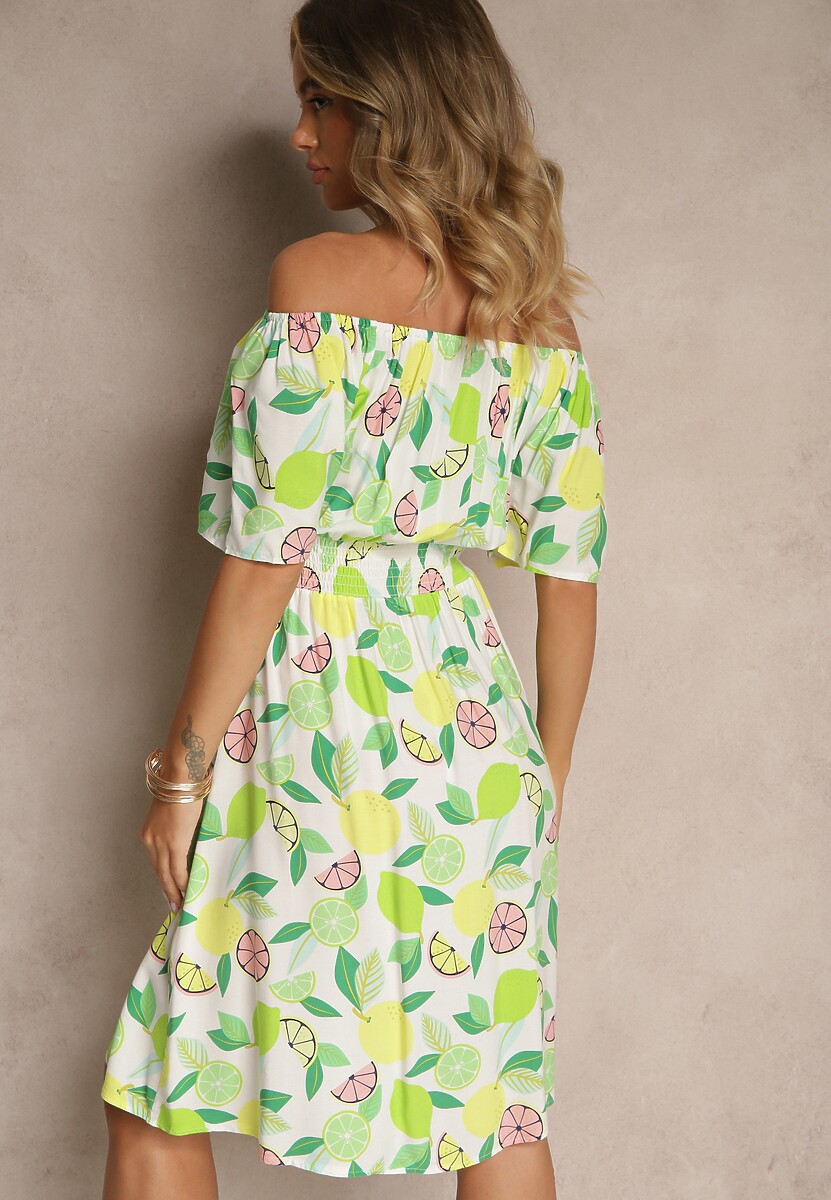 Zielona Sukienka Typu Hiszpanka z Bawełną ze Wzorem Cytrusów Aprona