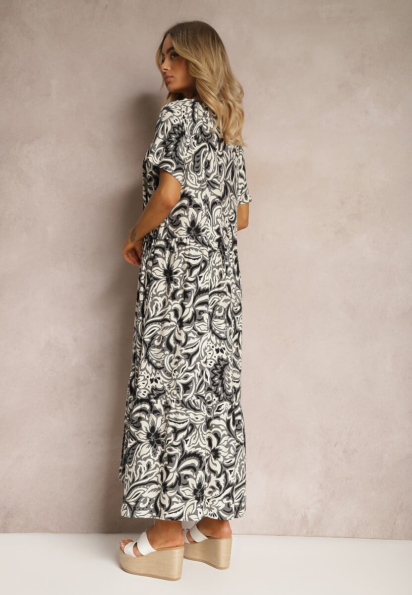 Szara Sukienka z Wiskozy Zdobiona Falbankami z Krótkim Rękawem Danibella